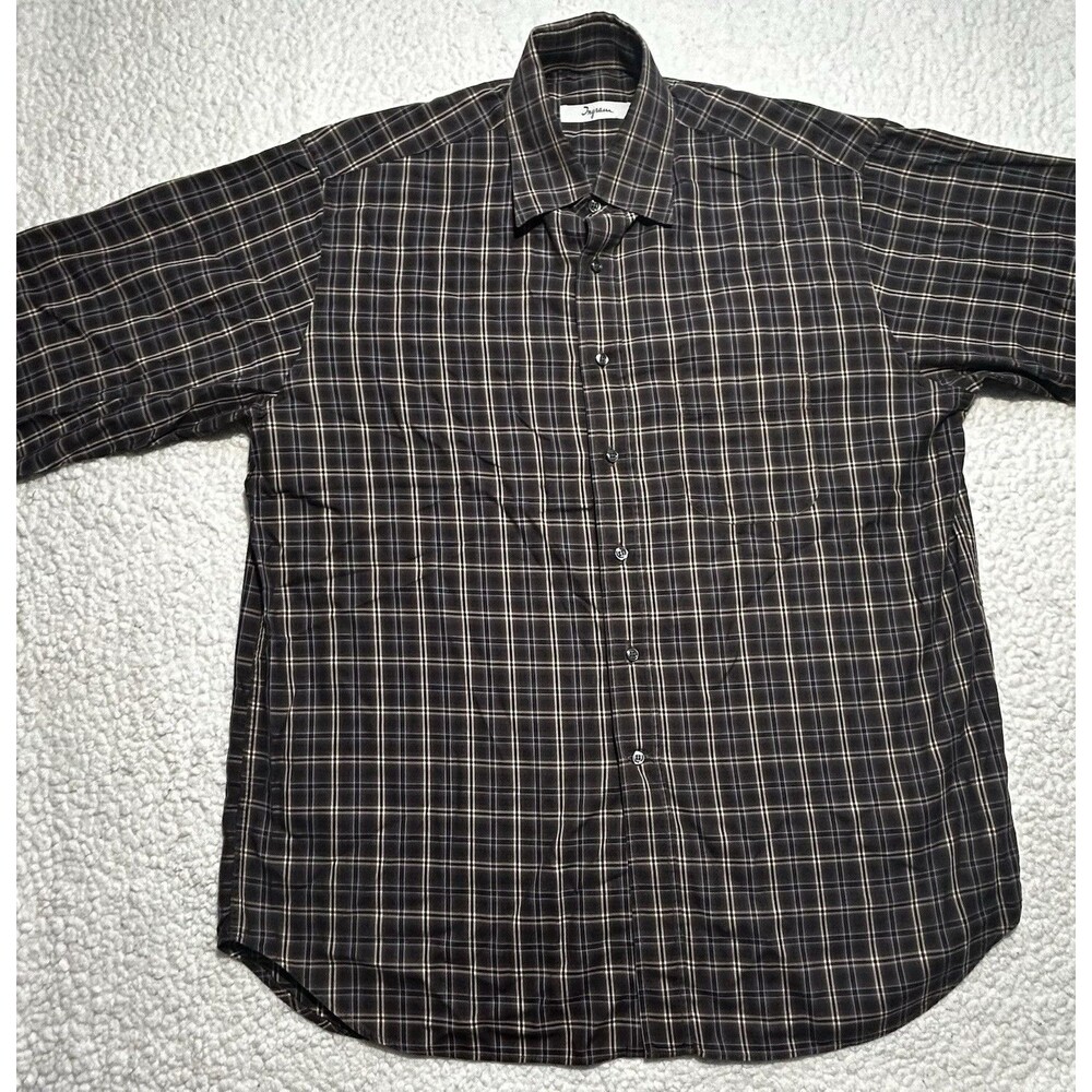 Ingram Italy Mens Brown Plaid Long Sleeve Button Down Luxury Dress Shirt Size L